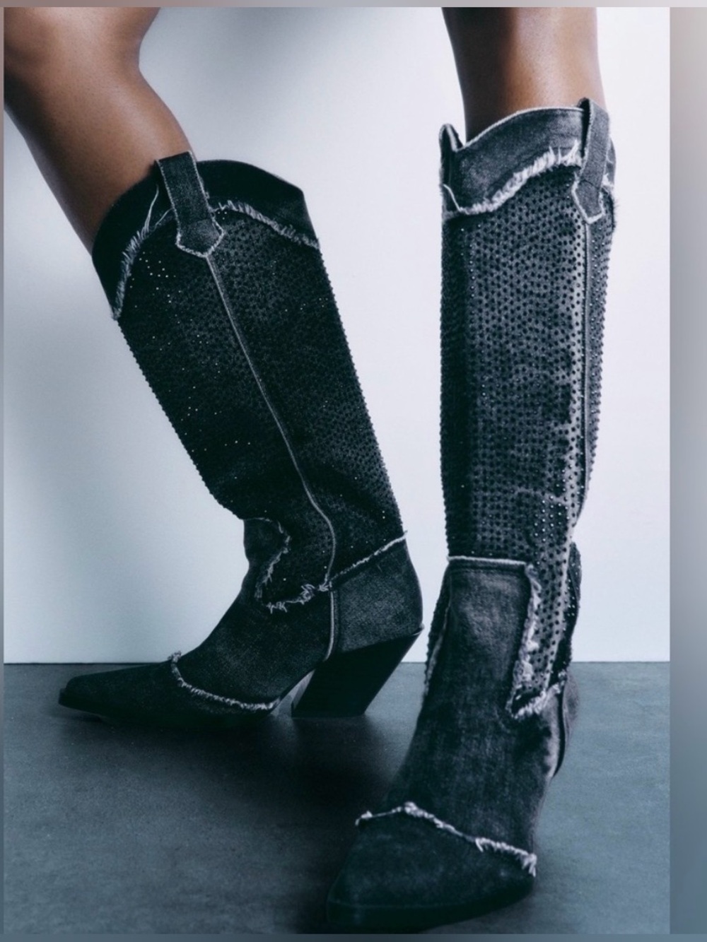 Zara Black Distressed Suede Knee Boots with rhinestones Beyoncé boots